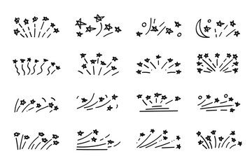 Yellow Doodle Hand-Drawn Fireworks with Stars Elements Set