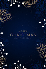 Fototapeta premium Merry Christmas and Happy New Year. Greeting card or invitation template with golden Christmas tree background. Luxury christmas invitation card art deco design vector.