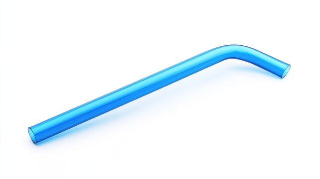Bright blue flexible plastic drinking straw with a bendable neck, isolated on a white background.