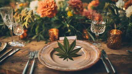 Naklejka premium A charming rustic table setting for a special occasion, complete with earthy tones, fresh flowers, and a cannabis leaf as a unique centerpiece.