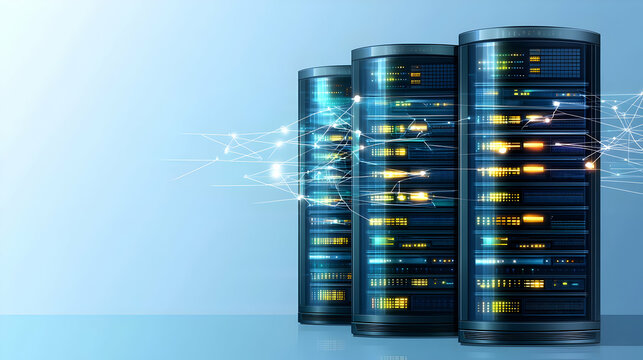 Three server racks, illuminated with glowing components, connected by a network of lines