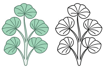 Cute green leaf plant displays a simple black outline, ready for coloring book cover on white background
