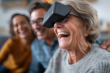Elderly woman experiencing virtual reality with family.