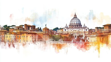 Rome Watercolor Panorama: A Cityscape View - A picturesque watercolor of the Roman skyline, featuring iconic architecture, vibrant colors, and a sense of history, culture