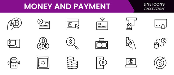Money and payment are simple, minimal, thin line icons. Related money, credit card, atm, purchase, bill. Editable stroke. Vector illustration.