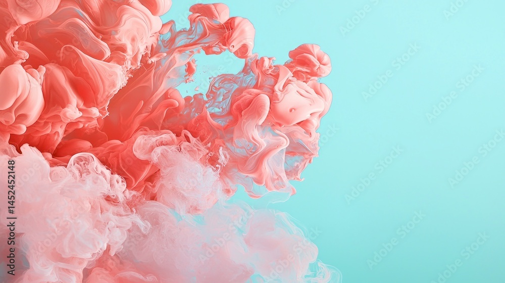 Aufkleber Coral ink flows gracefully into soft white clouds, creating an enchanting abstract design against a smooth turquoise background, showcasing vibrant interactions