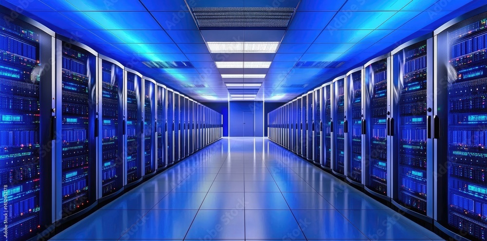 Poster bright symmetrical data center hallway with blue illuminated servers, perfect for it services, hosti