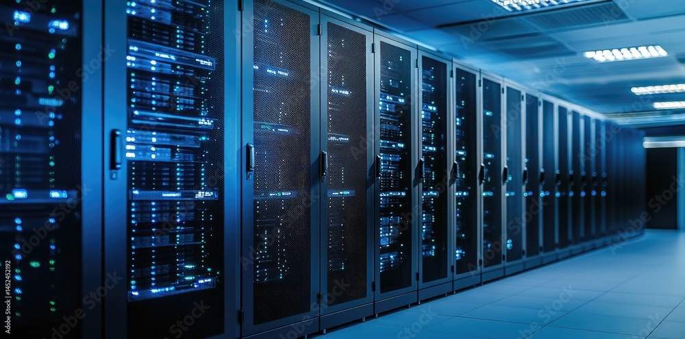 Poster dark enterprise data server room with blue led indicator lights on equipment racks, suited for cyber
