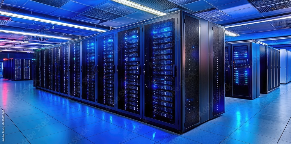 Poster Blurred perspective of glowing server equipment with soft blue lighting in high tech data center, ideal for internet security and futuristic IT themes