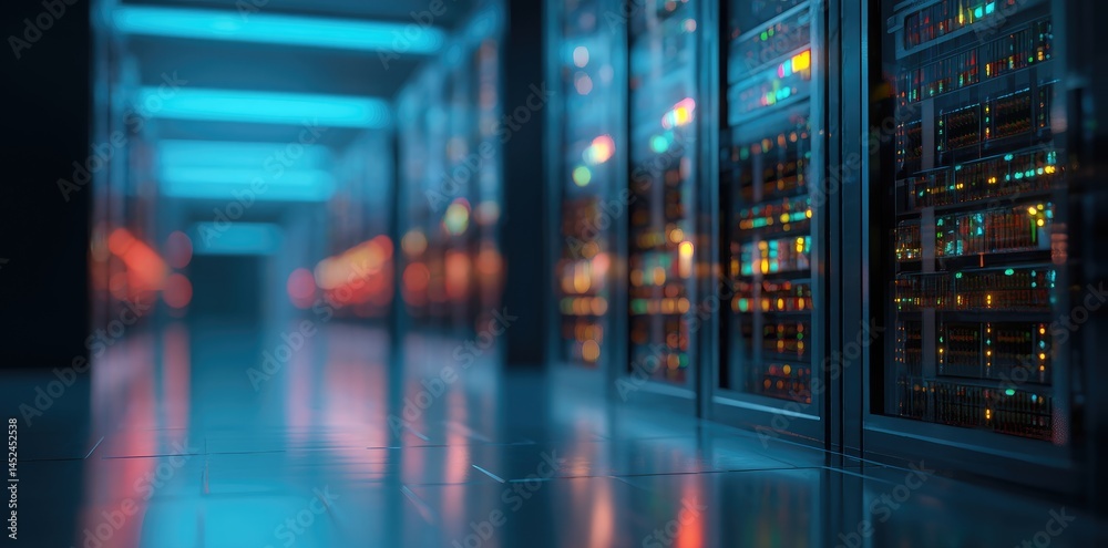 Poster Dimly lit futuristic data center corridor with glowing blue and orange LED server lights, ideal for tech marketing and cloud computing visuals