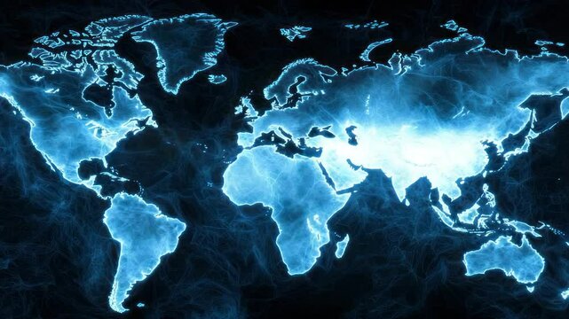 Glowing blue light world map with continent outline on dark background digital global map