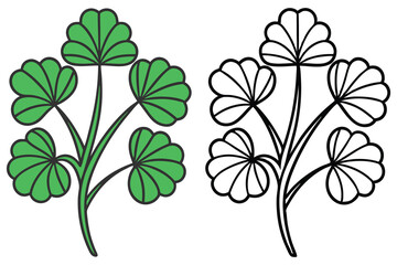 Stylized shamrock illustration features a colored version alongside a black and white outline version for coloring.book