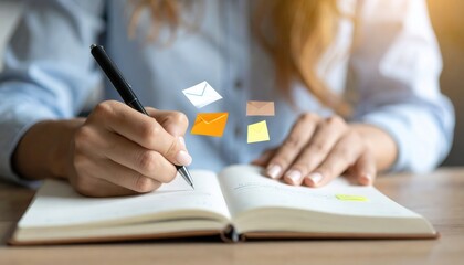 Close-up of a hand writing in a notebook with colorful sticky notes and envelope icons in a casual workspace setting