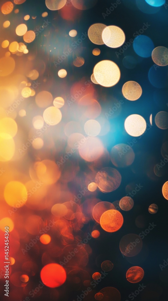 Poster A beautiful blend of warm and cool tones forms a captivating abstract background. Soft bokeh lights float in vibrant colors, creating a dreamy, festive ambiance