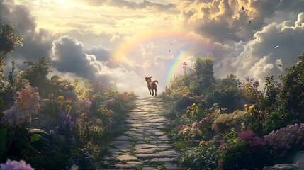Dog Walking on Rainbow Bridge Path to Heaven, Colorful Flower Garden