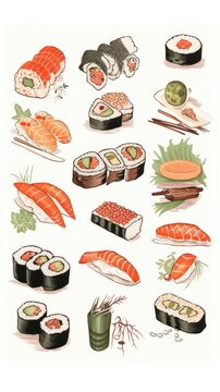 Japnese sushi party seafood drawing rice.