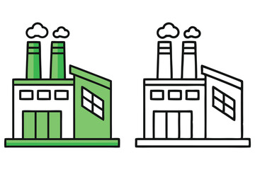 Naklejka premium Green factory emits smoke, displayed next to its outline version for coloring book cover