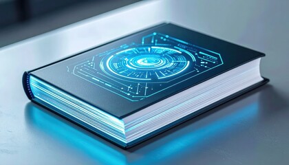 Futuristic book design featuring glowing blue graphics and a sleek black cover placed on a modern workspace