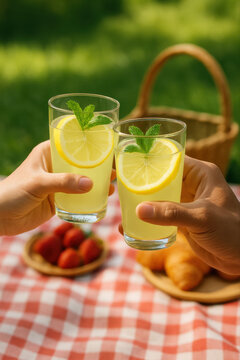 Verres de citronnade fra&icirc;che lev&eacute;s lors d&rsquo;un pique-nique estival, mains trinquant au-dessus d&rsquo;une nappe &agrave; carreaux avec fruits et viennoiseries en arri&egrave;re-plan