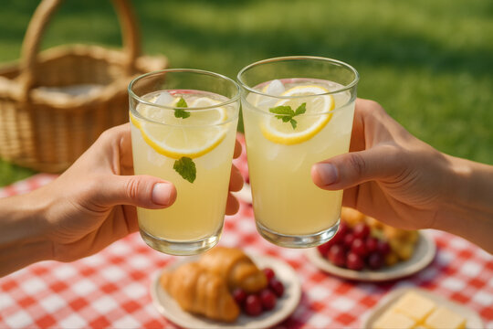 Verres de citronnade fra&icirc;che lev&eacute;s lors d&rsquo;un pique-nique estival, mains trinquant au-dessus d&rsquo;une nappe &agrave; carreaux avec fruits et viennoiseries en arri&egrave;re-plan