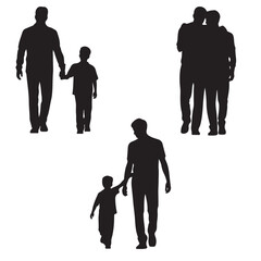set of black vector father and son, father and child silhouette, ather hugging son, bonding, holding up, playing, outline coloring book page line art drawing silhouettes