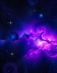 A vibrant cosmic scene featuring a glowing violet nebula stretching across a star-filled space background, with a small dark planet visible beneath the luminous rift