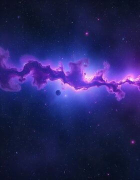 A vibrant cosmic scene featuring a glowing violet nebula stretching across a star-filled space background, with a small dark planet visible beneath the luminous rift
