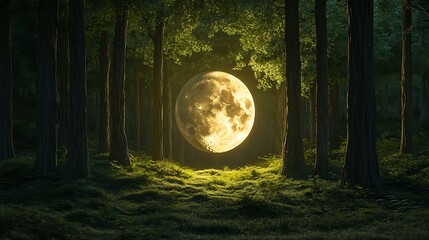 Enormous Moon Illuminates Serene Forest at Night