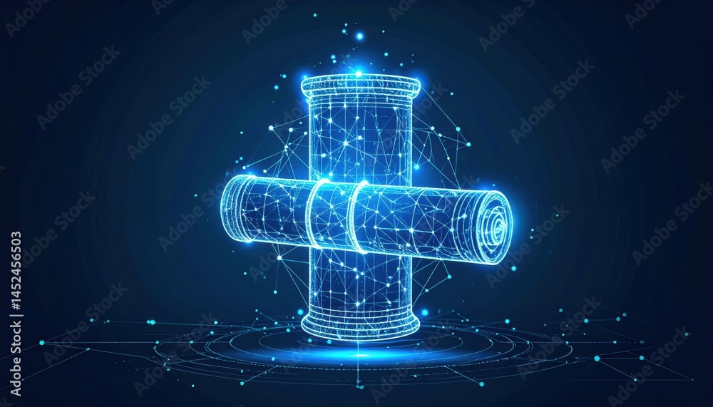 Poster futuristic digital representation of a scroll with interconnected nodes and glowing elements against