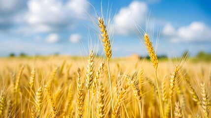 Fototapeta premium Golden Wheat Field Under a Summer Sky: A Captivating View of Ripe Grain Stalks Swaying Gently in the Breeze, Displaying Nature's Abundant Harvest. A Peaceful Scene and the Beauty of Agriculture.
