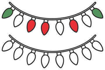 Two strings of festive lights, some colored, present a coloring book cover on white background