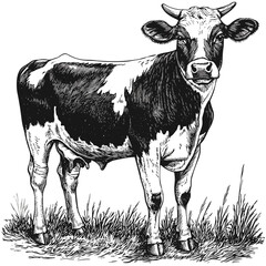 Vintage cow illustration, black and white sketch, old engraving style, block print, grunge vector, farm animal art, rustic livestock drawing, countryside graphic, ink drawing,