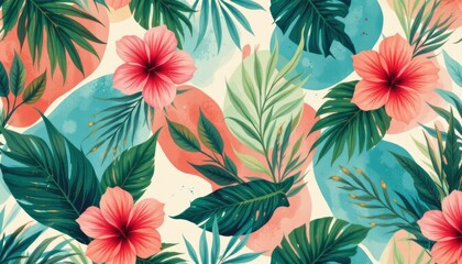 Tropical Floral Pattern with Hibiscus and Palm Leaves