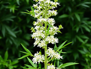 tall stalk of white flowers against a dark green background
