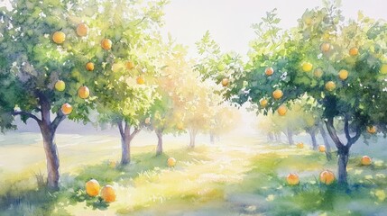 Obraz premium Sunlit Orange Grove - A picturesque watercolor painting of a sun-drenched orange grove, showcasing vibrant trees laden with ripe fruit and a tranquil, grassy landscape