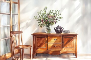 Sunlit Wooden Buffet with Floral Arrangement - A watercolor painting of a wooden buffet bathed in sunlight, featuring a vase of flowers and a teapot with plates