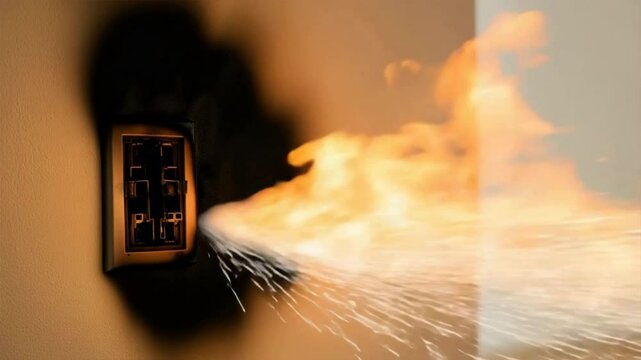 A close-up of a malfunctioning electrical outlet with sparks and flames, showcasing safety hazards in residential settings.