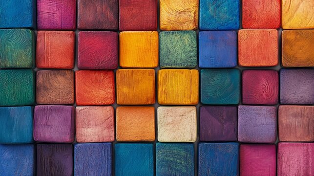 Colorful wooden squares arranged in a grid pattern.