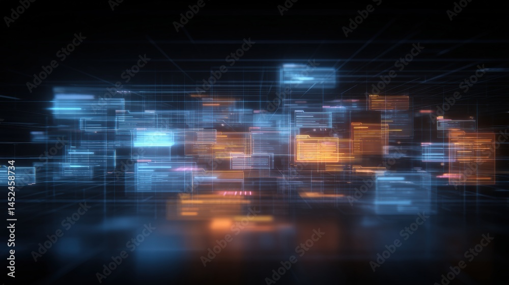 Poster abstract network grid with files and folders, futuristic software interface, digital document manage