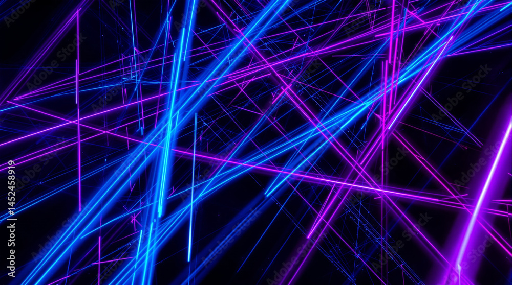 Poster illuminating lines: an electrifying array of intersecting neon lines pulsates with vivid blue and pu
