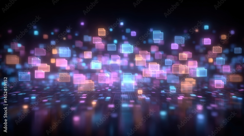 Poster abstract network grid with files and folders, futuristic software interface, digital document manage