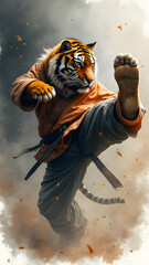 "Create a watercolor painting of a fierce and majestic tiger wearing a tattered judo uniform, performing a powerful flying kick. The tiger is surrounded by a dark, intense aura of evil, with extremely