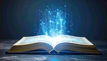 Open book emitting digital data and binary code symbolizing knowledge transfer and technology integration in a modern setting