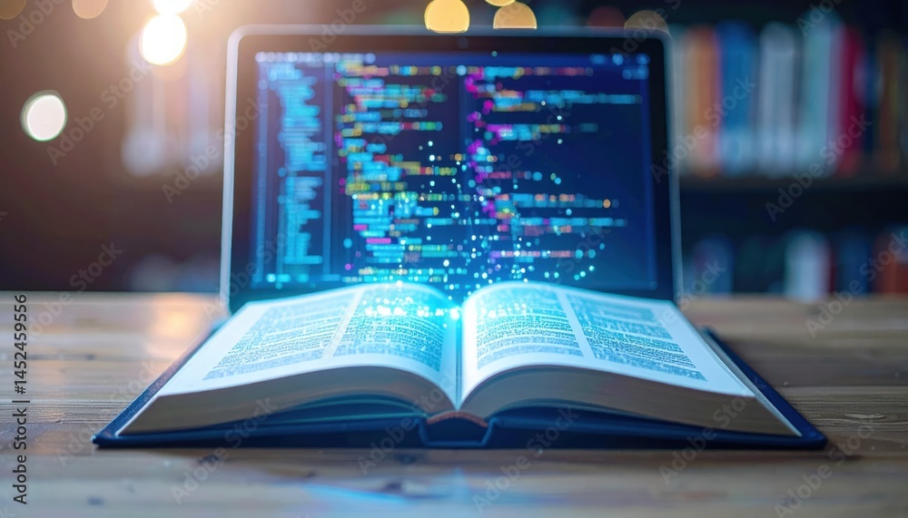 Poster open book with glowing text next to a laptop displaying colorful code, symbolizing technology and ed