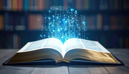 Open book with glowing digital data stream, symbolizing knowledge and technology fusion, on wooden table in library background