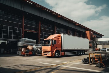 Fototapeta premium Commercial truck next to a warehouse and pallets