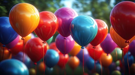 Colorful balloons floating in a lush, green outdoor setting creating a festive atmosphere