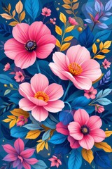 Pink Floral Arrangement on Blue Background