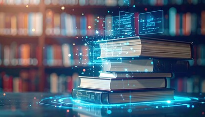 Stacked books with glowing digital elements, representing the fusion of traditional literature and modern technology in a library setting