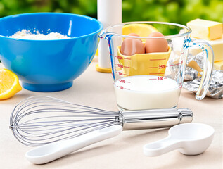 glass measuring cup with milk and eggs along with whisk and spoons for baking